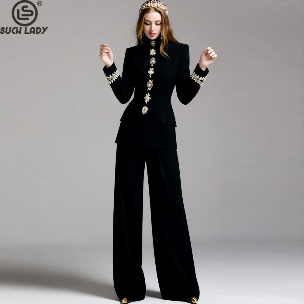 Black High Neck Blazer & Wide Leg Pants 2 Piece Set for Women - Elegant Rhinestone Embellished Formal Suit for Party, Wedding, E
Black High Neck Blazer & Wide Leg Pants 2 Piece Set for Women - Elegant Rhinestone Embellished Formal Suit for Party, Wedding, E