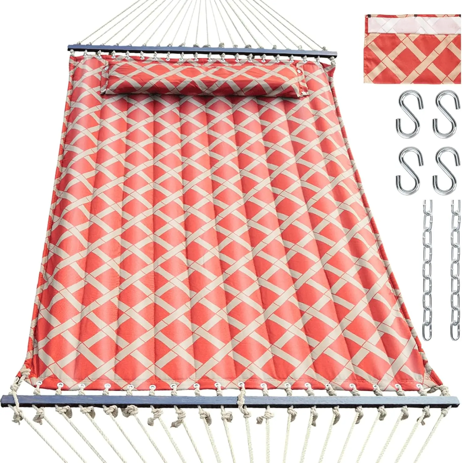 13 FT Tuscan Lattice Sienna/Taupe Quilted Hammock with Spreader Bars,Detachable Pillow and Chains,600lbs Capacity,Two Person Ham
13 FT Tuscan Lattice Sienna/Taupe Quilted Hammock with Spreader Bars,Detachable Pillow and Chains,600lbs Capacity,Two Person Ham
