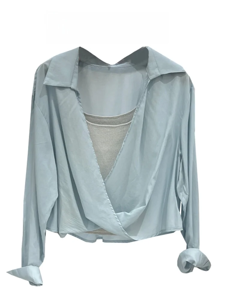 Blue Irregular Waist-Cinching Long Sleeve Shirt Women's Fashion Autumn New Style Elegance Short Two-Piece Effect Blouse Top
Blue Irregular Waist-Cinching Long Sleeve Shirt Women's Fashion Autumn New Style Elegance Short Two-Piece Effect Blouse Top