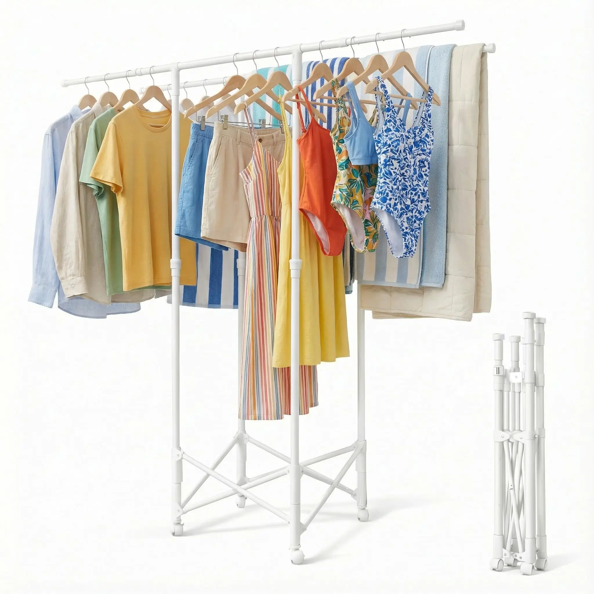 Double Rod Extendable Clothes Drying Rack With Wheels, Foldable No Assembly Clothing Rack For Indoor Outdoor Use, White
Double Rod Extendable Clothes Drying Rack With Wheels, Foldable No Assembly Clothing Rack For Indoor Outdoor Use, White