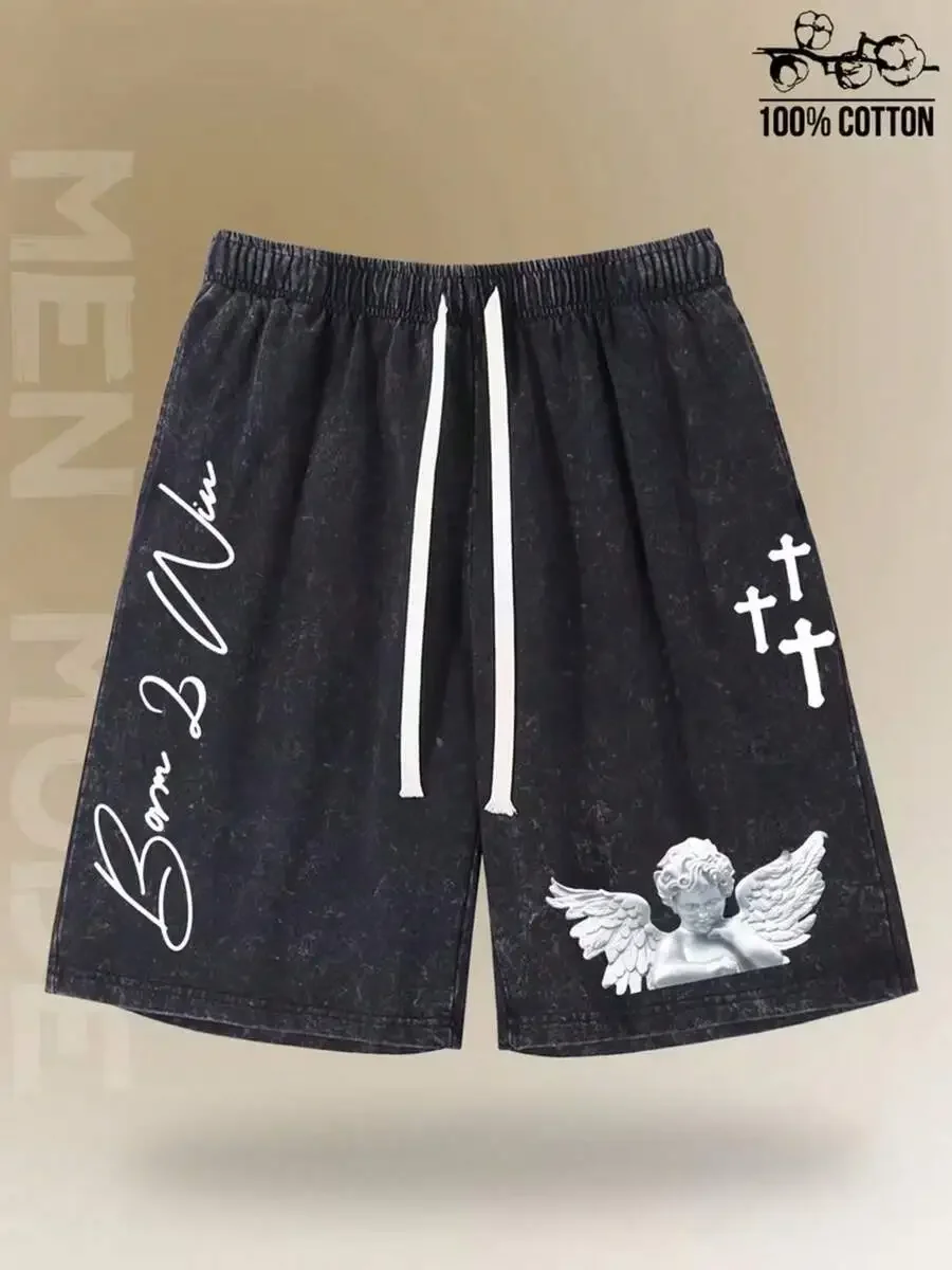 Washed Black Cotton Mens Loose Shorts With Angel Statue And Cross Graphic, Casual Summer Streetwear
Washed Black Cotton Mens Loose Shorts With Angel Statue And Cross Graphic, Casual Summer Streetwear