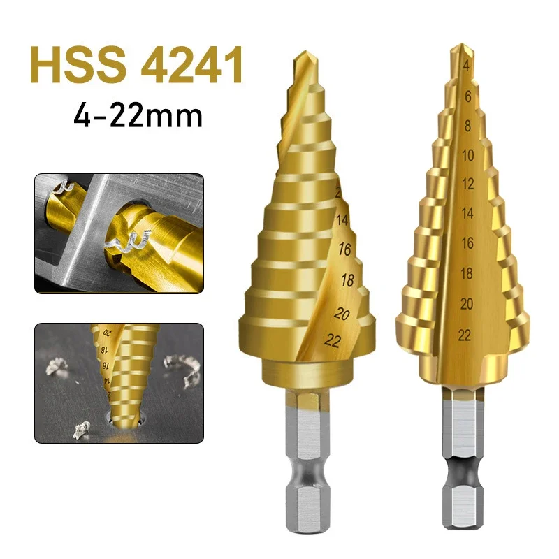 4-22mm Titanium Plated Spiral Groove 4241 Hexagonal Handle Pagoda Drill Step Drill High Speed Steel Reaming Drill Hole Opener 
4-22mm Titanium Plated Spiral Groove 4241 Hexagonal Handle Pagoda Drill Step Drill High Speed Steel Reaming Drill Hole Opener