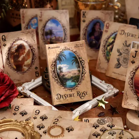 55pcs Desert Rose Playing Cards, Vintage Illustrated Poker Cards, Student-Friendly Card Game for Fun & Brain Training