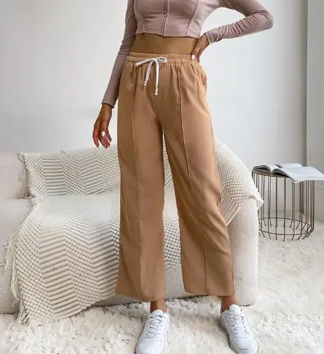 Women's Solid Color High-Waisted Flared Pants with Drawstring New Brown in Stock Comfortable Fit Casual Trousers
Women's Solid Color High-Waisted Flared Pants with Drawstring New Brown in Stock Comfortable Fit Casual Trousers