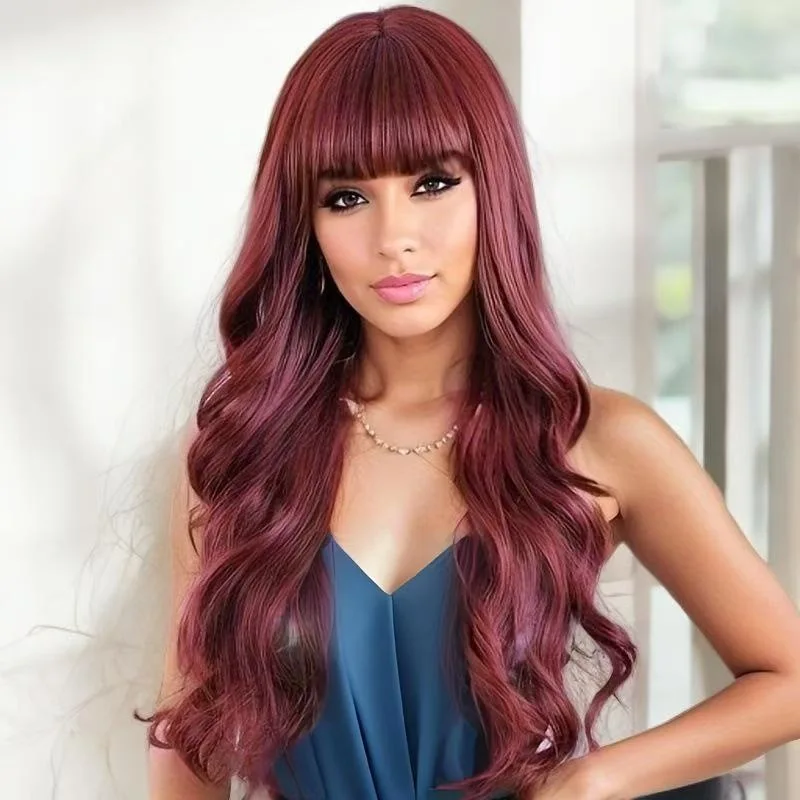 Women's straight bangs wine red long curly wig, European and American big waves synthetic fiber full head wig for daily wear
Women's straight bangs wine red long curly wig, European and American big waves synthetic fiber full head wig for daily wear