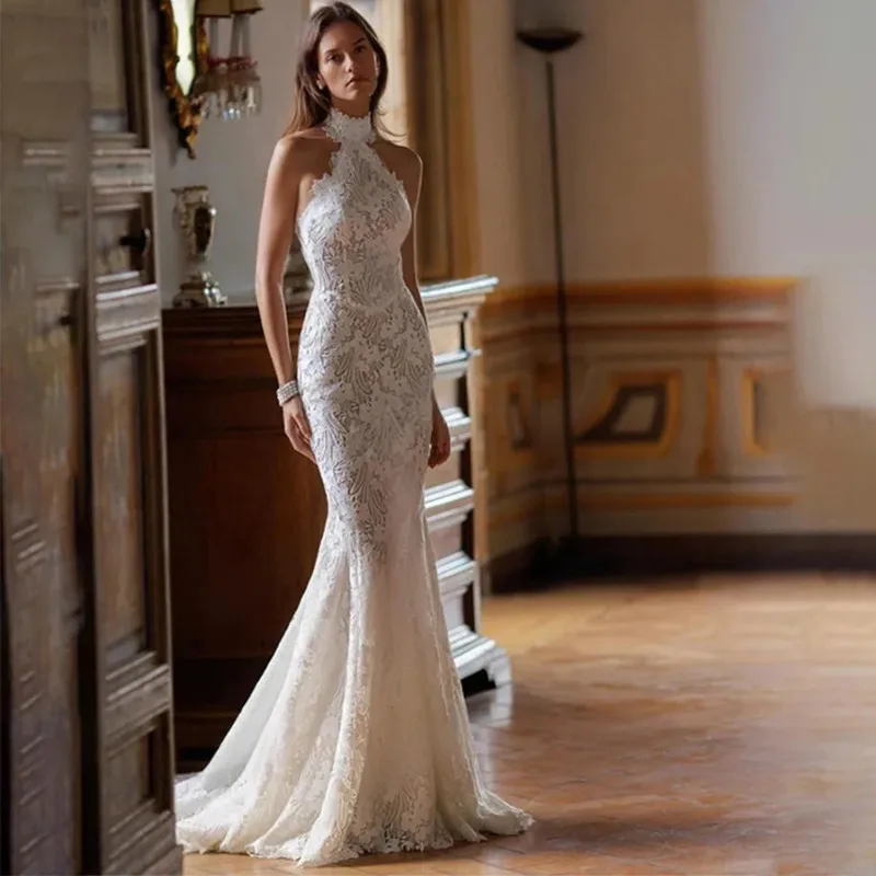 Customized Luxury Mermaid Sleeveless Wedding Dress Sexy Open Back Pleat Lace Appliques Halter Bride Dress Sweep Train Hot Sale
Customized Luxury Mermaid Sleeveless Wedding Dress Sexy Open Back Pleat Lace Appliques Halter Bride Dress Sweep Train Hot Sale