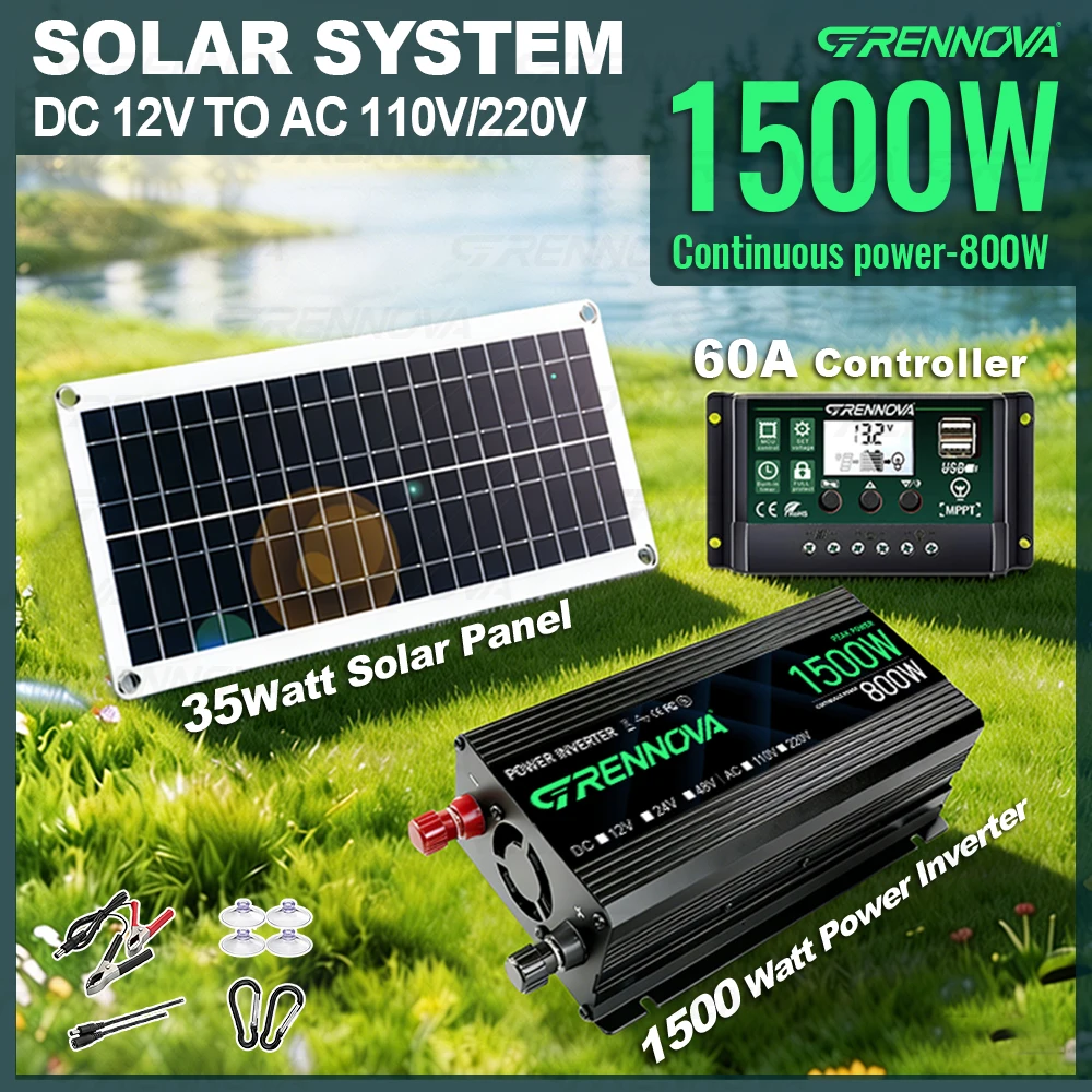 1500W Peak 750W Continuous Inverter Solar Kit 12V To 110V 220V | 35W Panel & 60A Controller for Off-Grid & Emergency Power RV
1500W Peak 750W Continuous Inverter Solar Kit 12V To 110V 220V | 35W Panel & 60A Controller for Off-Grid & Emergency Power RV