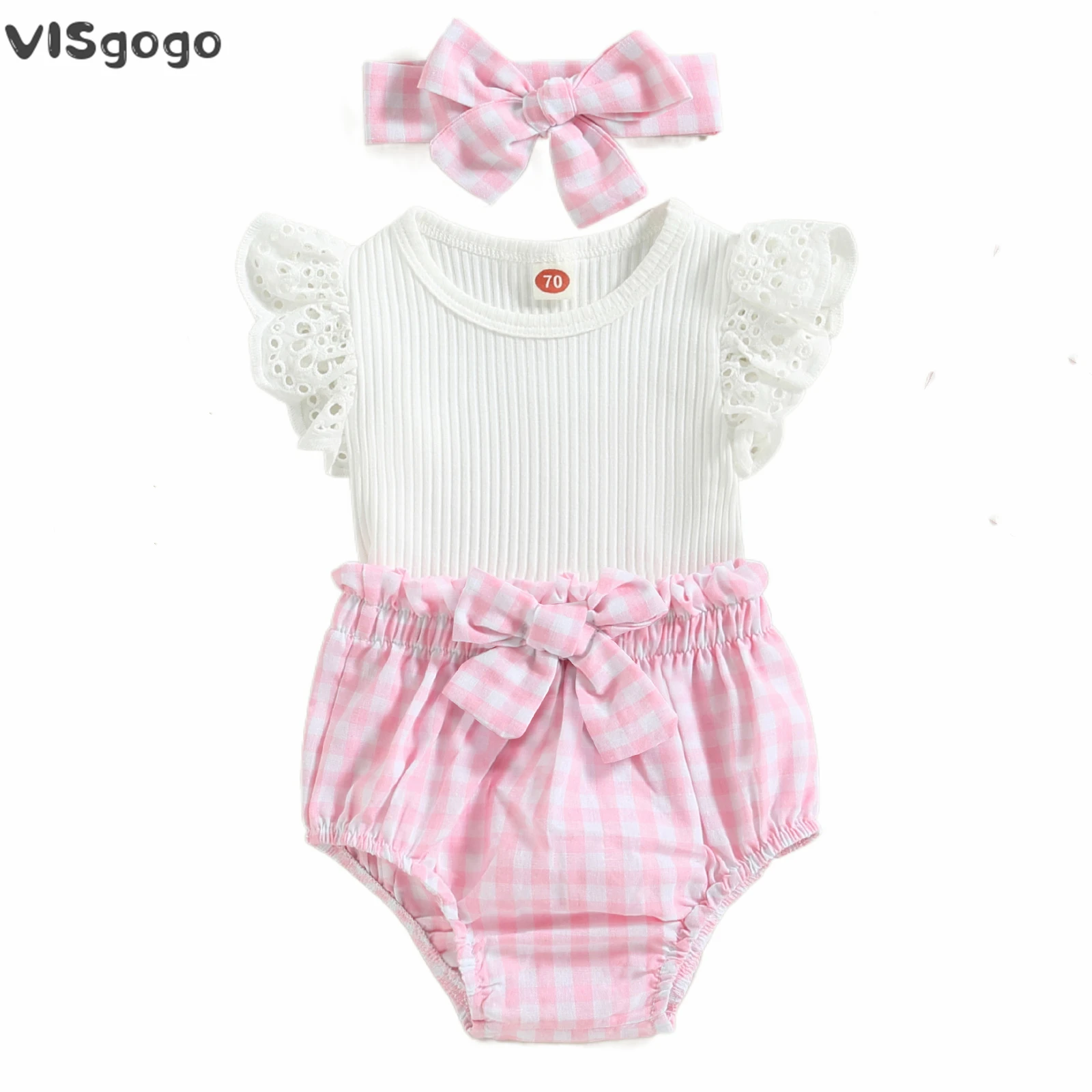 

VISgogo 3Pcs Baby Girl Clothes Summer Suits Solid Color Fly Sleeve Crew Neck Romper Plaid Elastic Waist Shorts Bow Headband Set