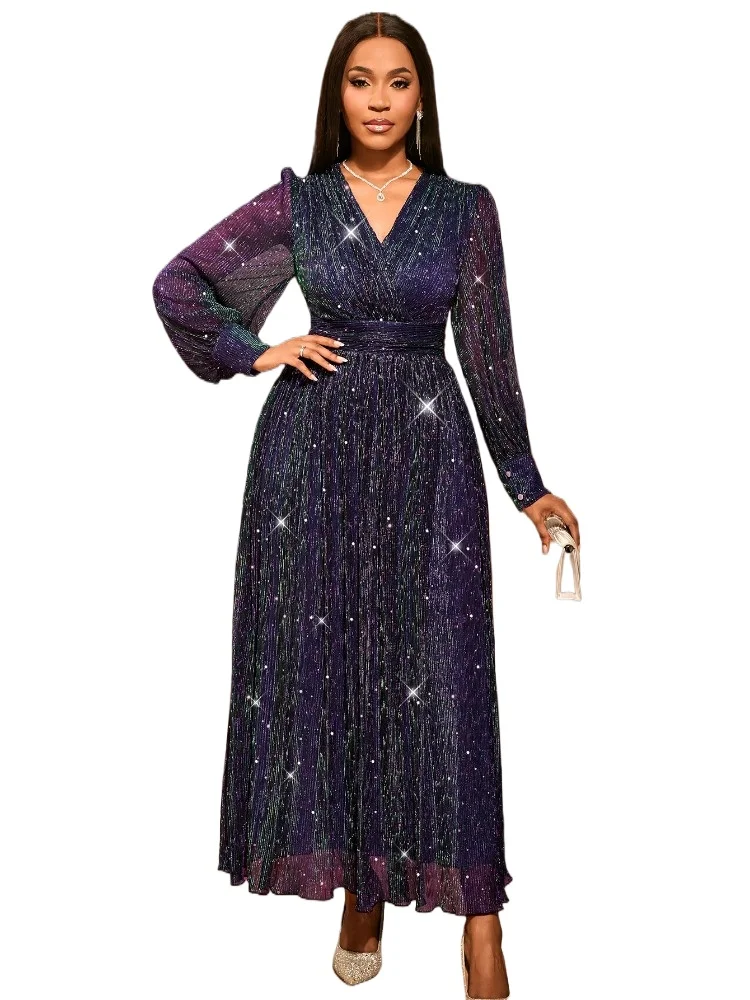 Великолепное фиолетовое платье макси с блестками и V-образным вырезом, длинными рукавами, трапециевидной формы, длиной до щиколотки, сверкающее вечернее платье для женщин
Великолепное фиолетовое платье макси с блестками и V-образным вырезом, длинными рукавами, трапециевидной формы, длиной до щиколотки, сверкающее вечернее платье для женщин