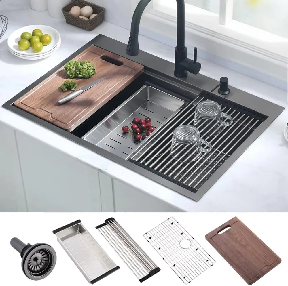 33 Inch In Kitchen Sink Workstation-Hovheir 33x22 Drop In Kitchen Sink Double Ledge Workstation Black Stainless Steel
33 Inch In Kitchen Sink Workstation-Hovheir 33x22 Drop In Kitchen Sink Double Ledge Workstation Black Stainless Steel