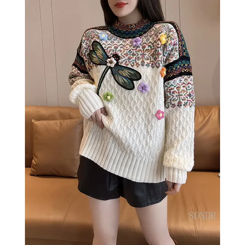 Women's Half Neck Floral Appliques Embroidery Pullover, Loose Fit Knit Jumper, White Tops, Warm Winter Sweaters, Autumn Fashion
Women's Half Neck Floral Appliques Embroidery Pullover, Loose Fit Knit Jumper, White Tops, Warm Winter Sweaters, Autumn Fashion