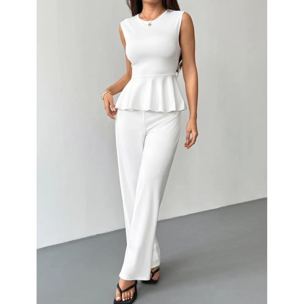 Fashion Women's 2 Piece Pants Set Elegant White Sleeveless Peplum TopHigh Waist Wide Leg Long Pants Suit Casual Trouser Suit
Fashion Women's 2 Piece Pants Set Elegant White Sleeveless Peplum TopHigh Waist Wide Leg Long Pants Suit Casual Trouser Suit