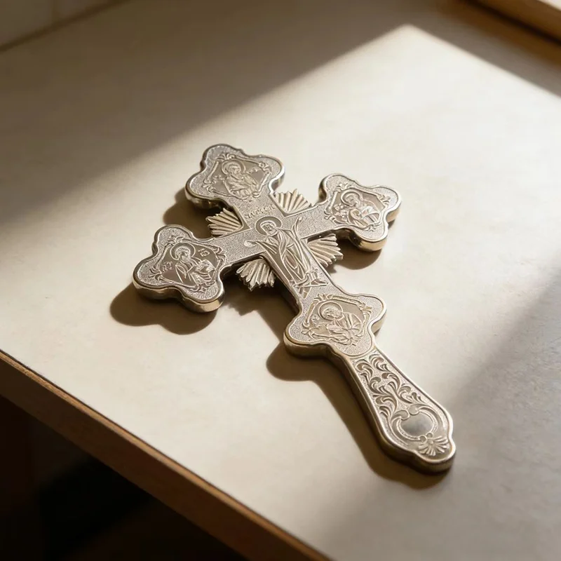 Exquisitely Engraved Silver-Tone Orthodox Blessing Cross with Iconographic Details for Church Liturgy and Home Spiritual Devotio
Exquisitely Engraved Silver-Tone Orthodox Blessing Cross with Iconographic Details for Church Liturgy and Home Spiritual Devotio