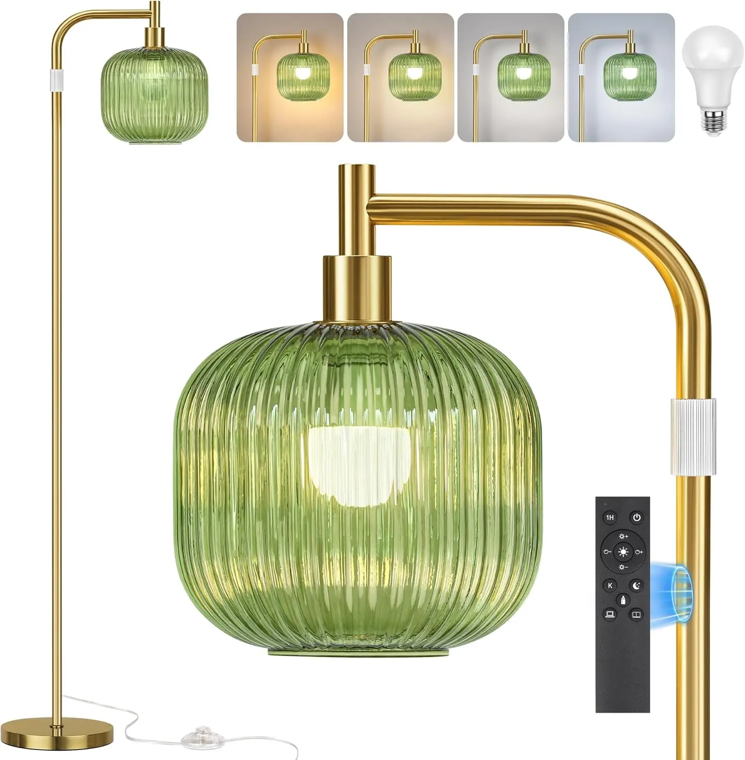 Glass Floor Lamp for Living Room, Modern Standing Lamp with Green Ribbed Glass Lampshade, Remote Control & Adjustable Height
Glass Floor Lamp for Living Room, Modern Standing Lamp with Green Ribbed Glass Lampshade, Remote Control & Adjustable Height