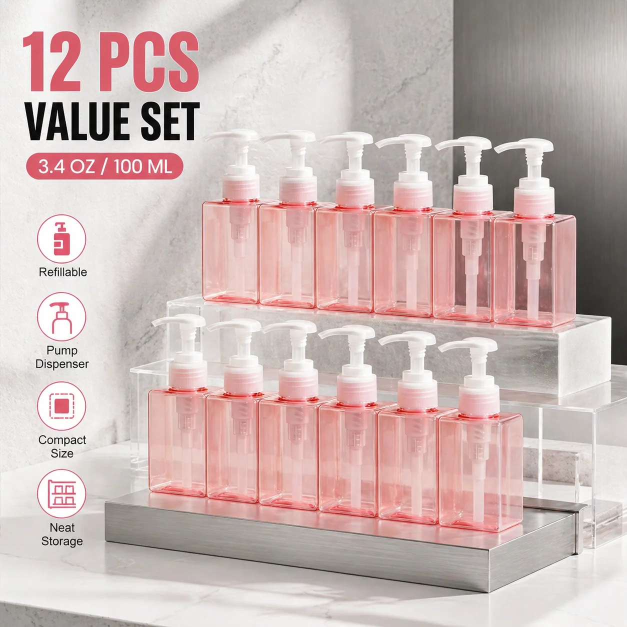 8/12 Pcs 3.4oz Square Travel Pump Bottles Clear Pink Empty Plastic Dispensers For Lotion And Toiletries
8/12 Pcs 3.4oz Square Travel Pump Bottles Clear Pink Empty Plastic Dispensers For Lotion And Toiletries