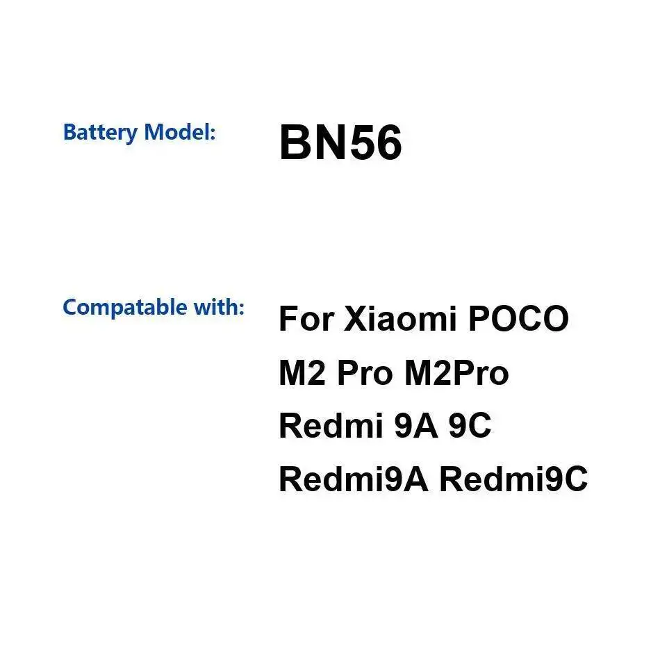 Высокая совместимость BN56 для Xiaomi Poco M2 Pro Redmi 9A 9C 5000 мАч аккумулятор мобильного телефона долговечная производительность
Высокая совместимость BN56 для Xiaomi Poco M2 Pro Redmi 9A 9C 5000 мАч аккумулятор мобильного телефона долговечная производительность