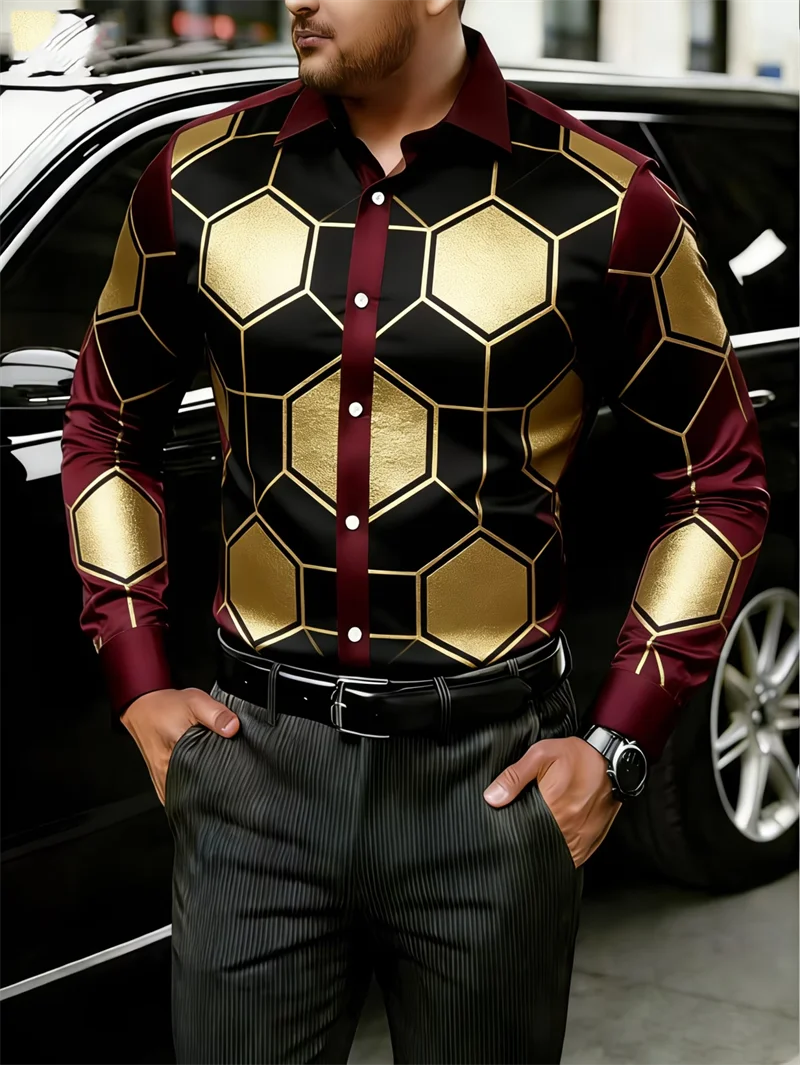 New 11 color men's long sleeved shirt with gold 3D printing, fashionable color block pattern, luxurious shirt style
New 11 color men's long sleeved shirt with gold 3D printing, fashionable color block pattern, luxurious shirt style