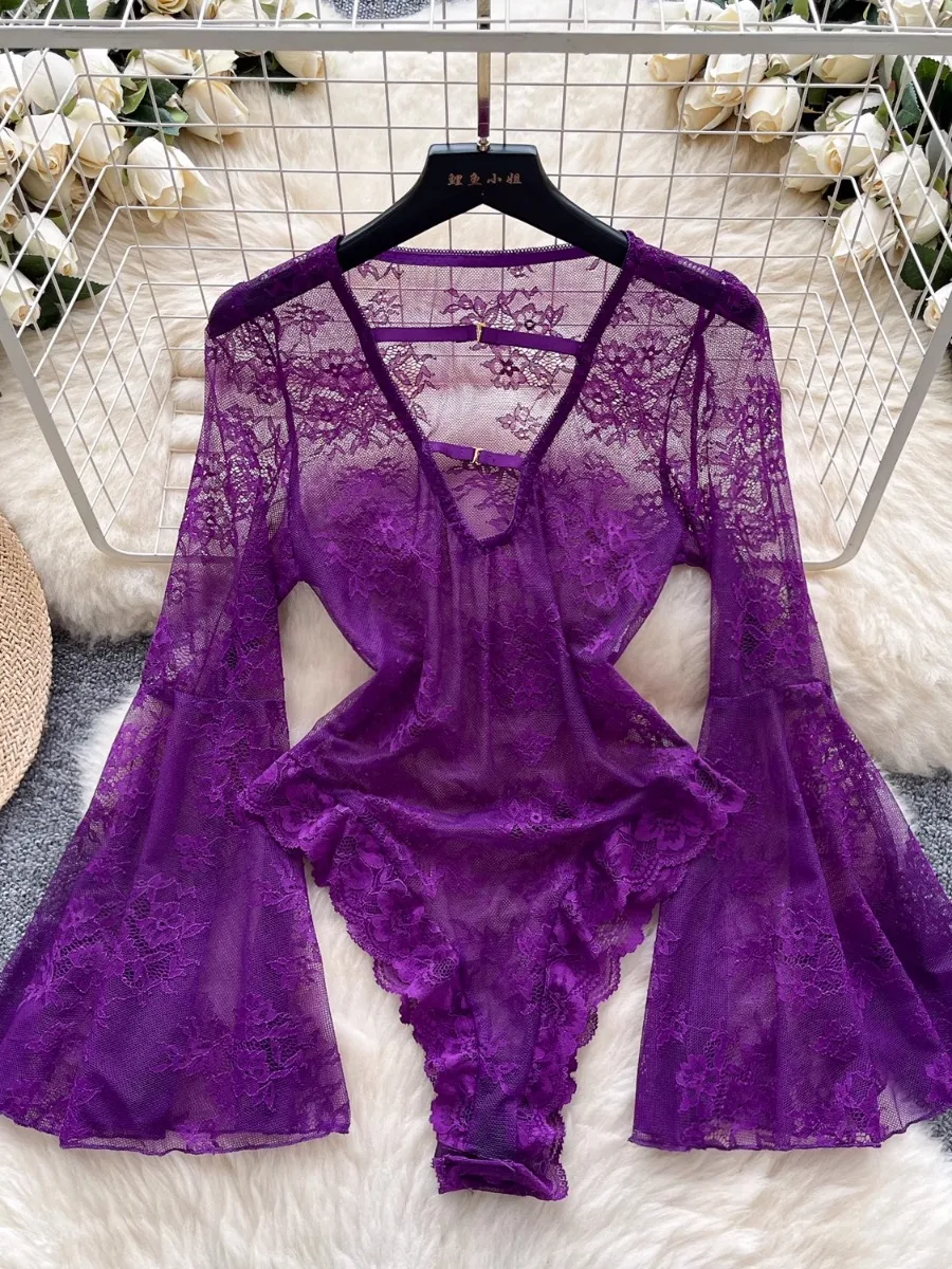Foamlina Flare Sleeve Lace Mesh Bodysuit Women Summer European Luxury High Quality See Through Sexy Pure Desire Girl Romper Top
Foamlina Flare Sleeve Lace Mesh Bodysuit Women Summer European Luxury High Quality See Through Sexy Pure Desire Girl Romper Top