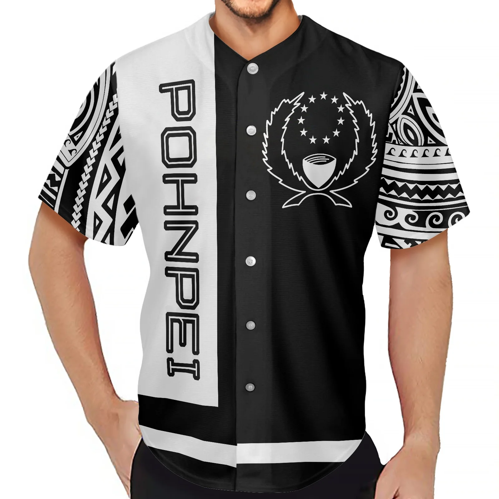 Pohnpei Flag Print Black And White Shirts Polynesian Style 2022 Summer Large Size Round Neck Single Breasted Baseball Uniform
Pohnpei Flag Print Black And White Shirts Polynesian Style 2022 Summer Large Size Round Neck Single Breasted Baseball Uniform