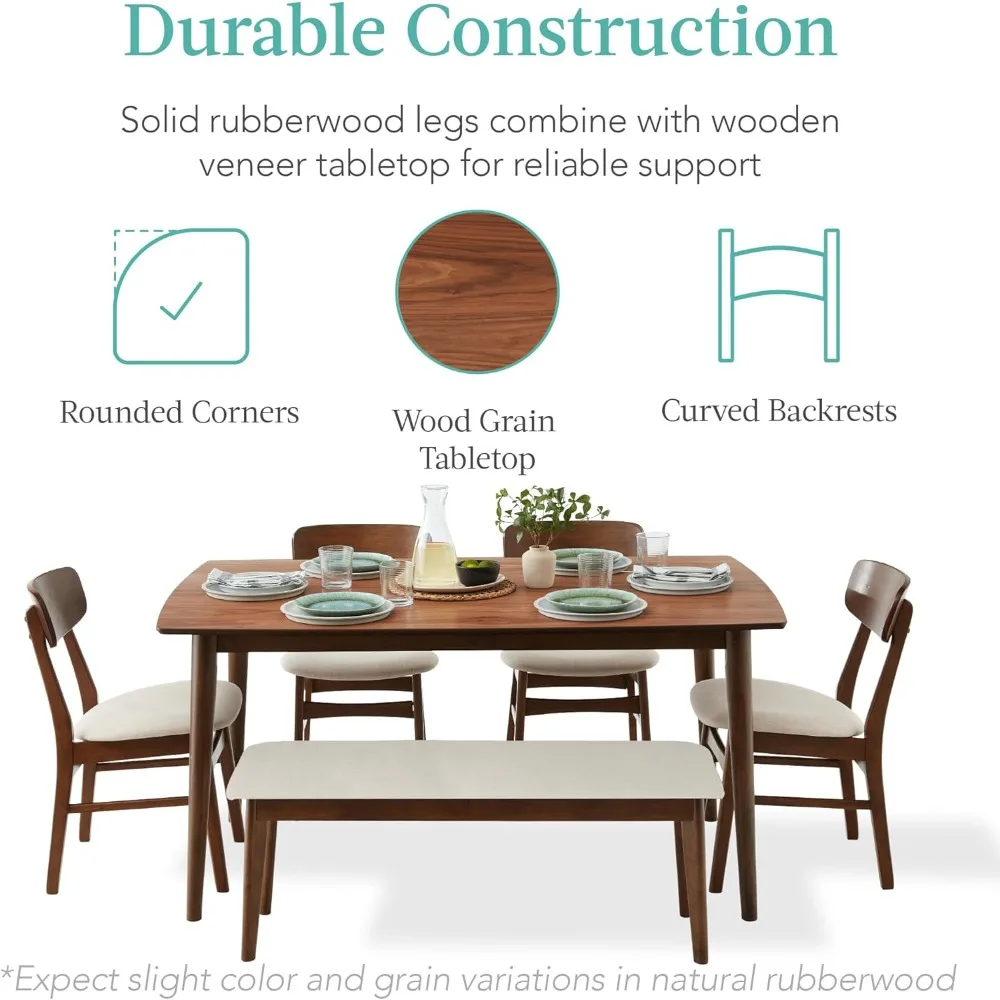 6-Piece Wooden Dining Set, Mid-Century Modern Table & Upholstered Chair Set w/Bench Seat, Rubberwood Legs - Walnut/Cream
6-Piece Wooden Dining Set, Mid-Century Modern Table & Upholstered Chair Set w/Bench Seat, Rubberwood Legs - Walnut/Cream