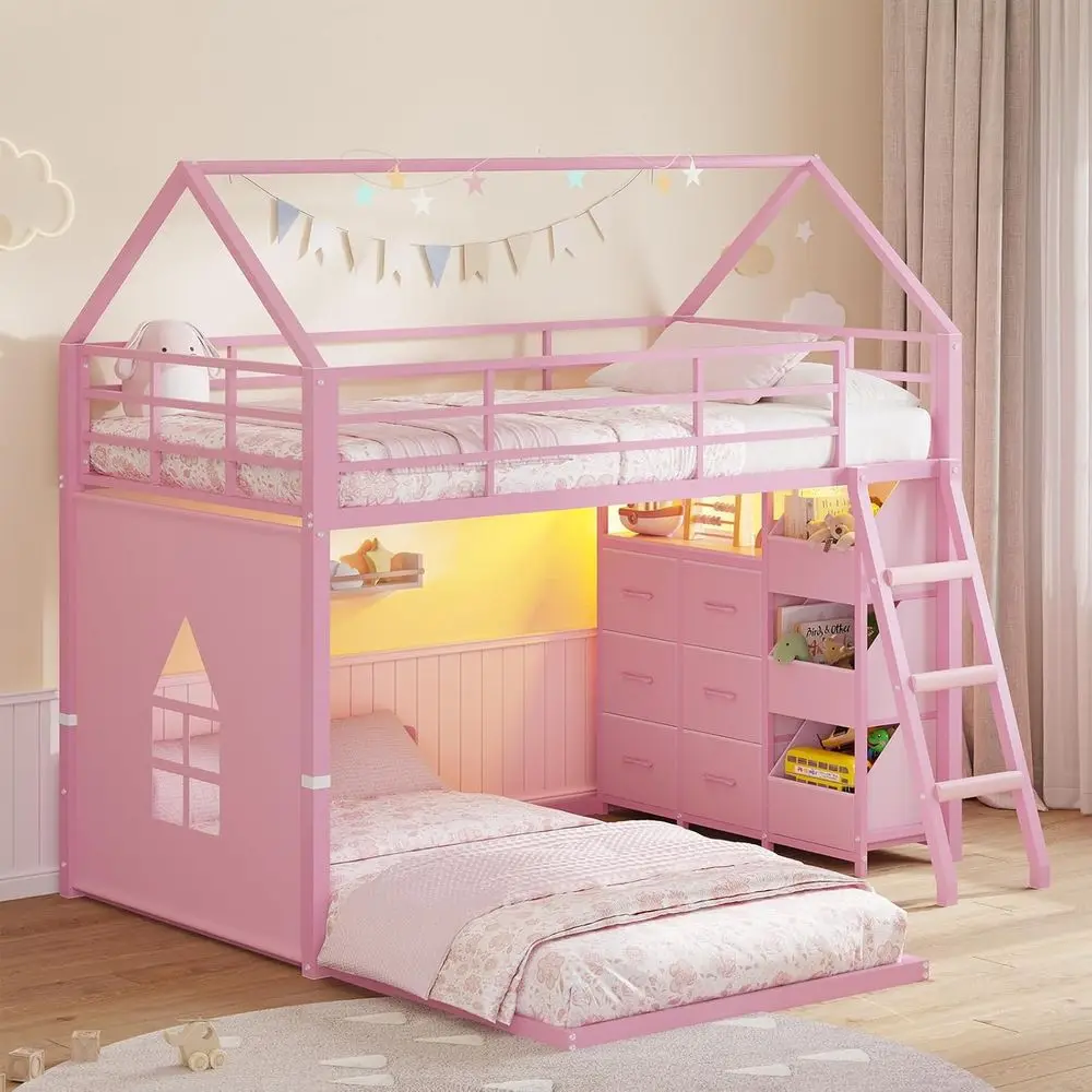 Twin Over Twin Bunk Bed with 6 Drawers, 3 Open Bins, LED Lights, Safety Guardrail & Ladder, Metal Frame Kids Bed, Pink
Twin Over Twin Bunk Bed with 6 Drawers, 3 Open Bins, LED Lights, Safety Guardrail & Ladder, Metal Frame Kids Bed, Pink