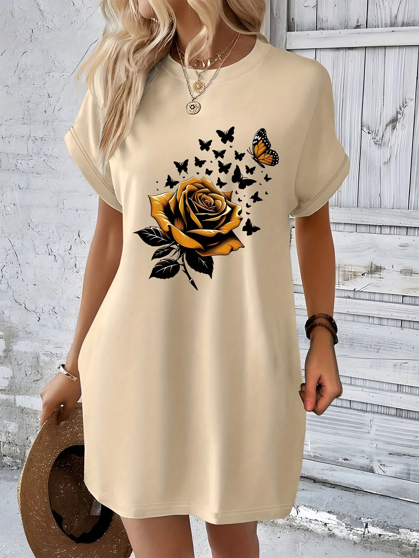 Plus Size Women's Casual Floral Butterfly Print T-Shirt Dress Short Sleeve Round Neck Black with Golden Rose Design Summer Dress
Plus Size Women's Casual Floral Butterfly Print T-Shirt Dress Short Sleeve Round Neck Black with Golden Rose Design Summer Dress