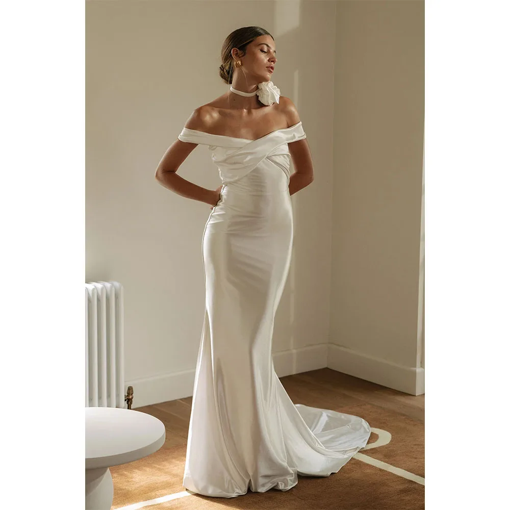 White Satin Mermaid Bridal Gowns For Women 2025 Off Shoulder Sweep Train Satin Wedding Dresses Beach Bride Dress Customized
White Satin Mermaid Bridal Gowns For Women 2025 Off Shoulder Sweep Train Satin Wedding Dresses Beach Bride Dress Customized