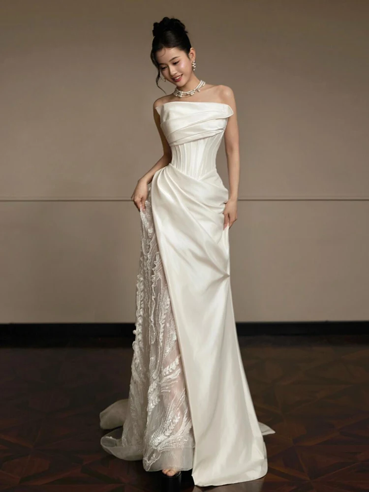 Элегантное кружевное атласное свадебное платье с открытыми плечами, юбка-русалка, длинное вечернее платье для мероприятий в отелях и закрытых помещениях
Элегантное кружевное атласное свадебное платье с открытыми плечами, юбка-русалка, длинное вечернее платье для мероприятий в отелях и закрытых помещениях