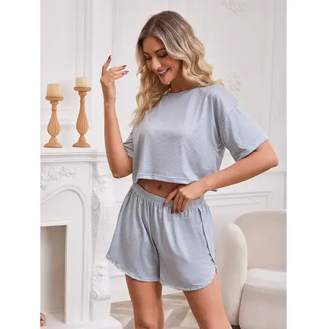 Casual Striped Pajamas For Women Two Pieces Sleepwear Women's Pajama Shorts Loungewear Sets Nightwear Female Home Suit Clothes