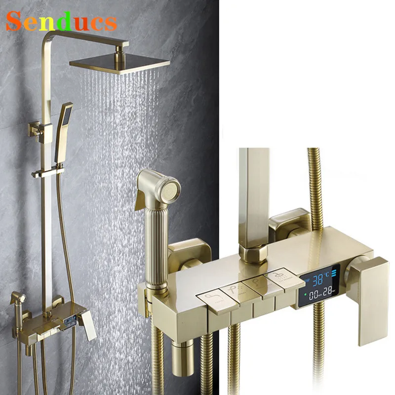 Hot Cold Brushed Gold Digital Bathrooom Shower Set Brass Bathtub Faucet Rain Shower Head Thermostatic Bathroom Shower System
Hot Cold Brushed Gold Digital Bathrooom Shower Set Brass Bathtub Faucet Rain Shower Head Thermostatic Bathroom Shower System