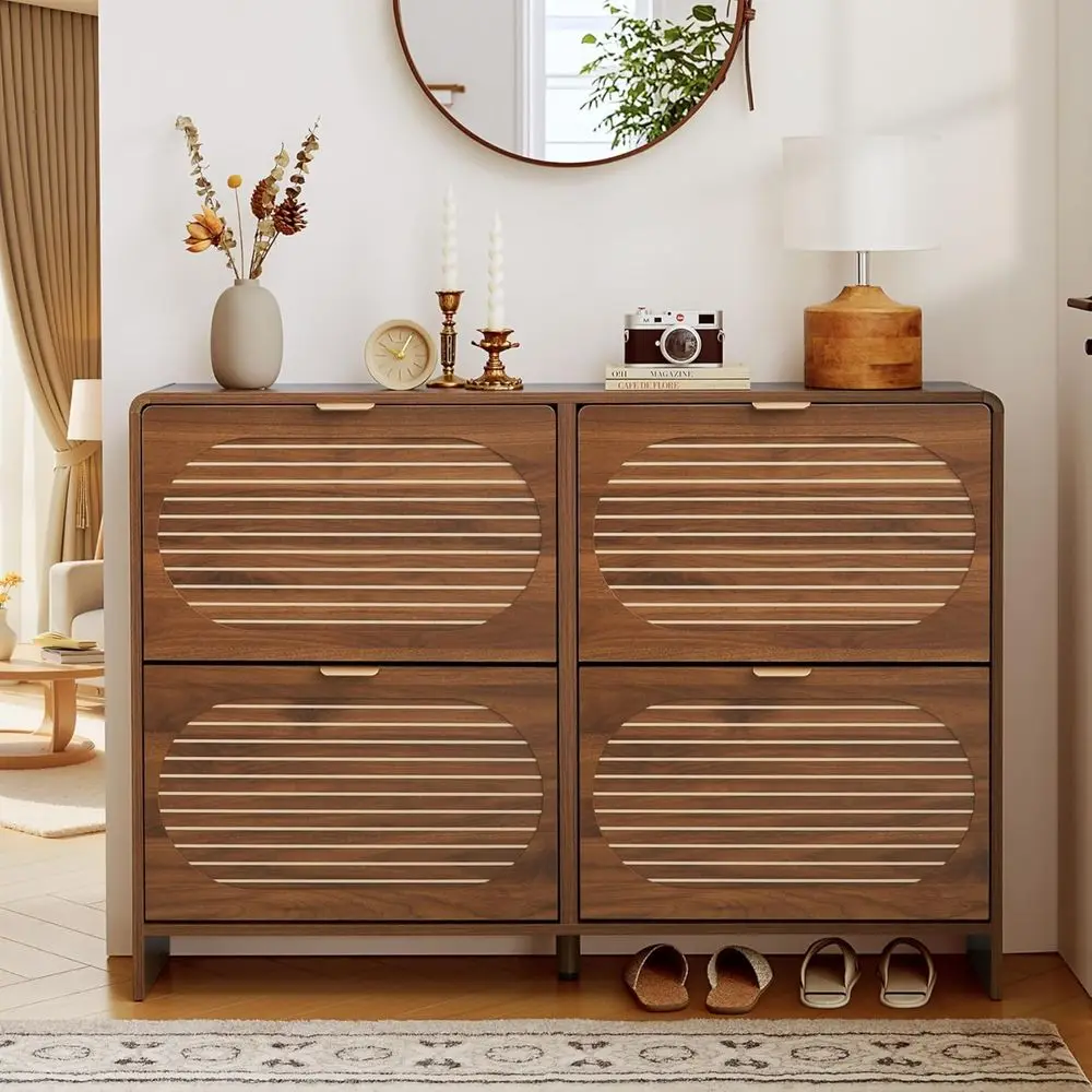 Walnut Curved Edge 4-Door Shoe Cabinet with Arched Stripe Panel for Entryway Storage
Walnut Curved Edge 4-Door Shoe Cabinet with Arched Stripe Panel for Entryway Storage