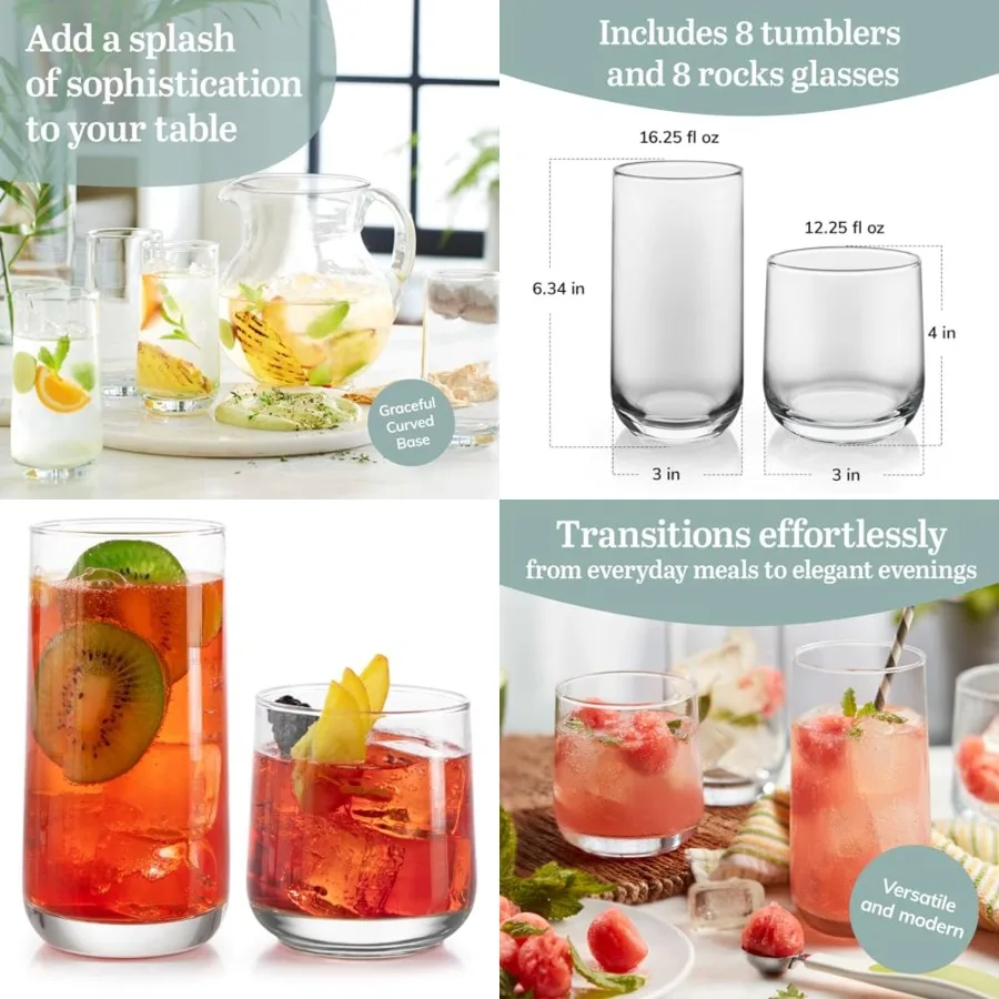Ascent Tumbler and Rocks Drinking Glasses Set of 16, Glass Drinking Glasses with Curvature, Versatile Glassware Set for Parties
Ascent Tumbler and Rocks Drinking Glasses Set of 16, Glass Drinking Glasses with Curvature, Versatile Glassware Set for Parties