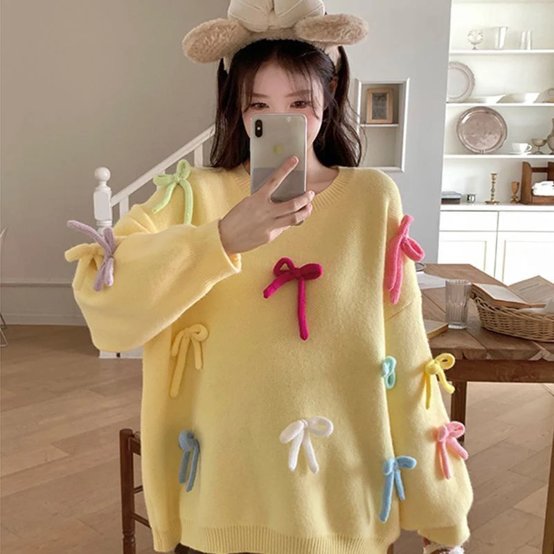 Fall Winter 3d Bow Tie Women Long Sleeves Sweater Student Sweet Fashion All-match Loose Knitted Clothing Daily White Pink Yellow
Fall Winter 3d Bow Tie Women Long Sleeves Sweater Student Sweet Fashion All-match Loose Knitted Clothing Daily White Pink Yellow