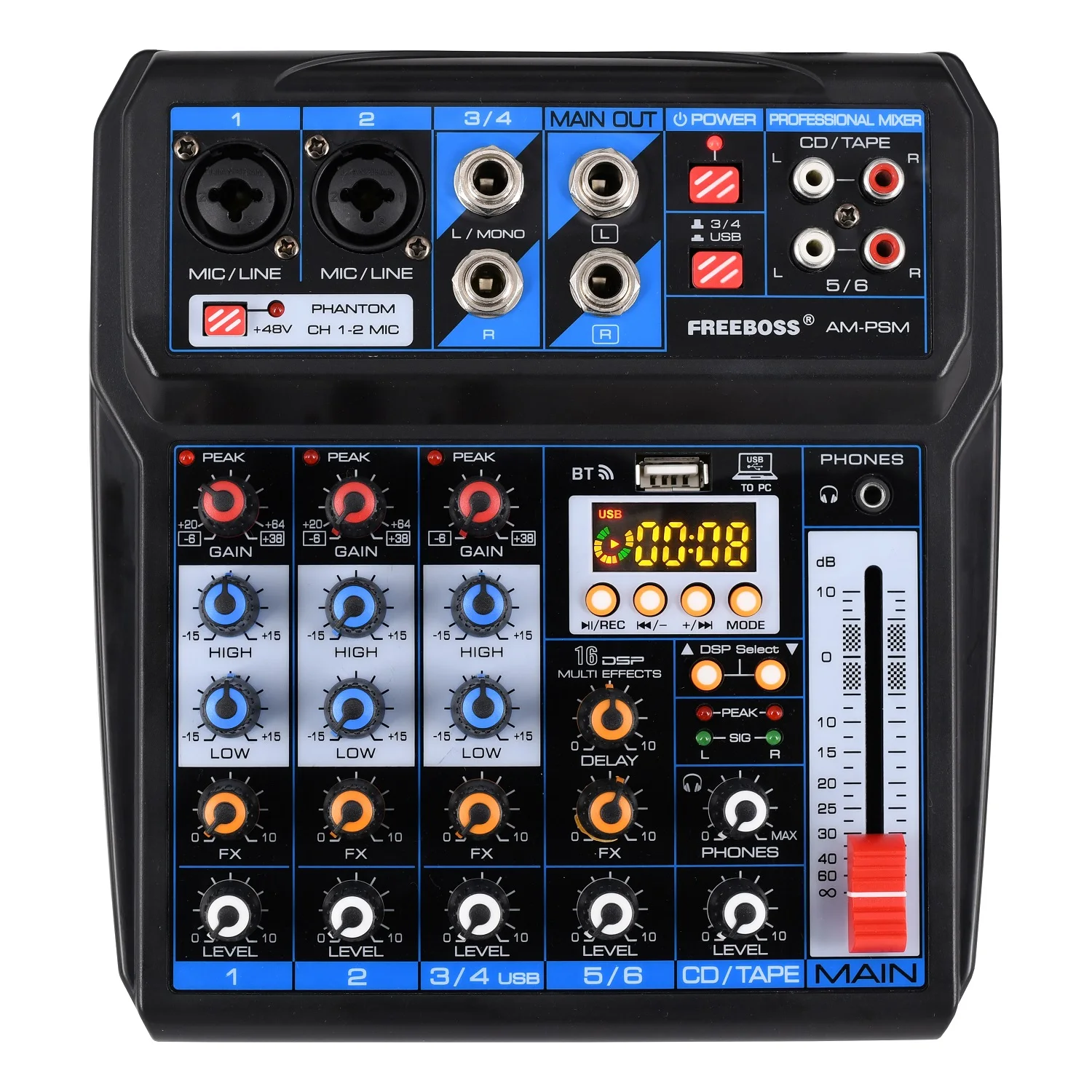 6 Channel 2 Stereo Sound Audio Mixer 2 Mono 16 Effects DC 5V Bluetooth USB Computer Record Mixing Console for Party KTV AM-PSM
6 Channel 2 Stereo Sound Audio Mixer 2 Mono 16 Effects DC 5V Bluetooth USB Computer Record Mixing Console for Party KTV AM-PSM