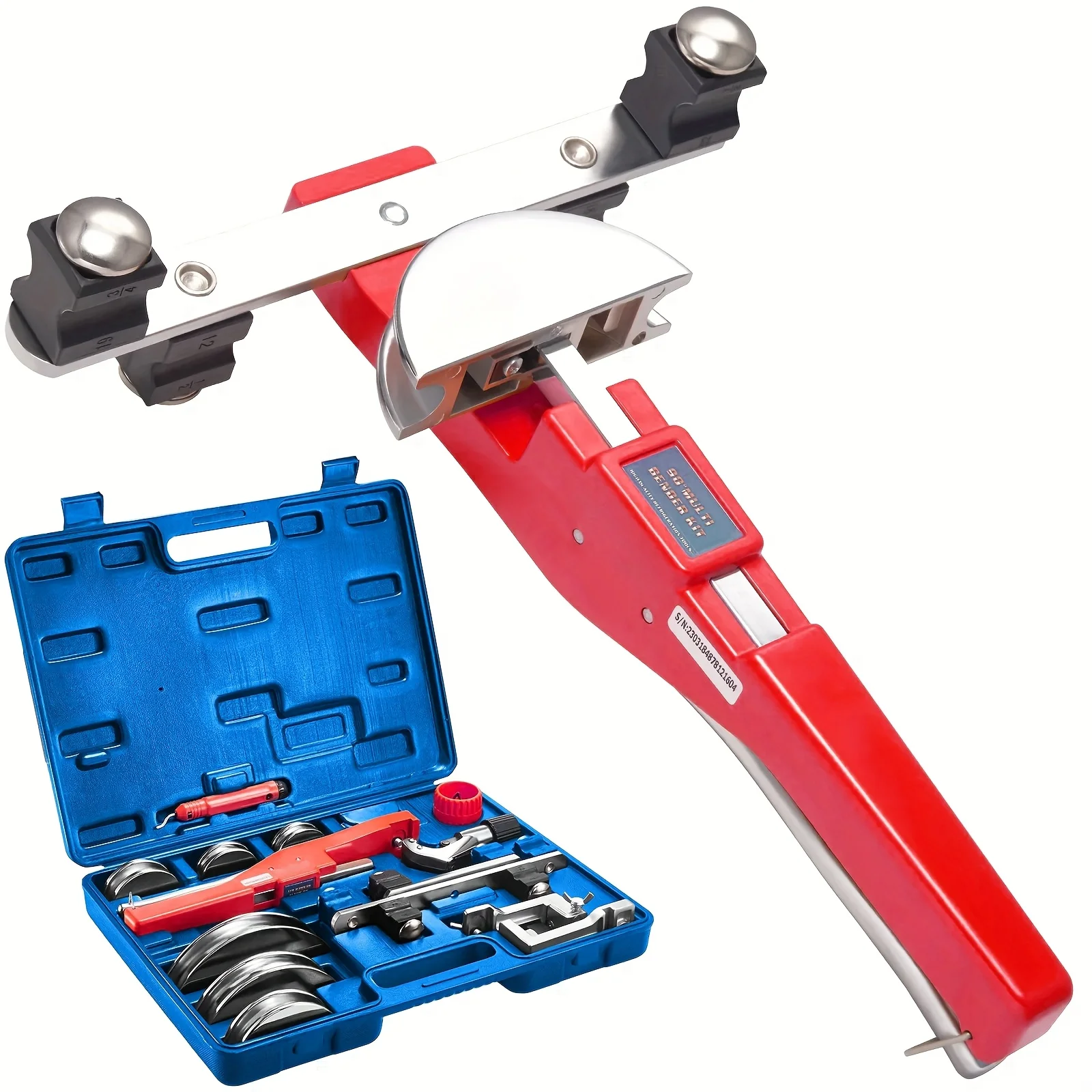 Pipe Bender, Suitable for Pipe Outer Diameter 1/4 Inch - 7/8 Inch | With Ratchet Design, Can Make 90° Forward/Reverse Bending, Equipped with 7 Dies and Pipe Cutter, Metal, Ideal for HVAC, Air Conditioning, and Refrigerator Maintenance
Pipe Bender, Suitable for Pipe Outer Diameter 1/4 Inch - 7/8 Inch | With Ratchet Design, Can Make 90° Forward/Reverse Bending, Equipped with 7 Dies and Pipe Cutter, Metal, Ideal for HVAC, Air Conditioning, and Refrigerator Maintenance