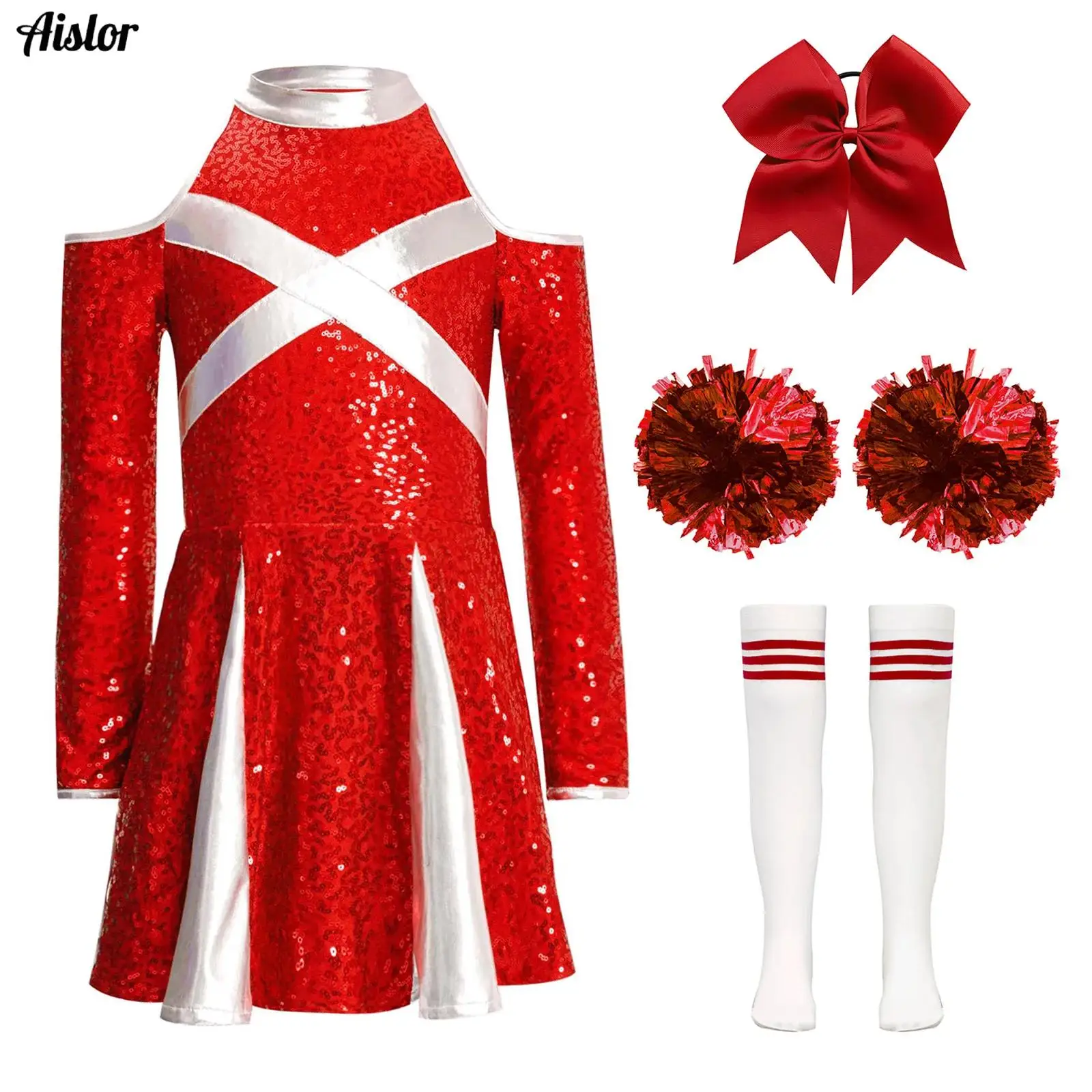 Kids Girls Cheerleading Dance Uniform 4Pcs Cold Shoulder Long Sleeve Color Block Sequins Dress+Headwear+Flower Balls+Socks Set
Kids Girls Cheerleading Dance Uniform 4Pcs Cold Shoulder Long Sleeve Color Block Sequins Dress+Headwear+Flower Balls+Socks Set