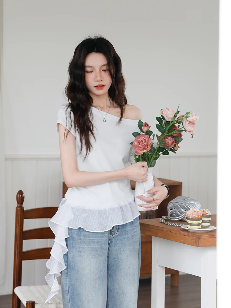 Summer Korean Style Sweet Temperament Patchwork Ruffle Irregular Asymmetric Short Sleeve Off-Shoulder T-Shirt
Summer Korean Style Sweet Temperament Patchwork Ruffle Irregular Asymmetric Short Sleeve Off-Shoulder T-Shirt