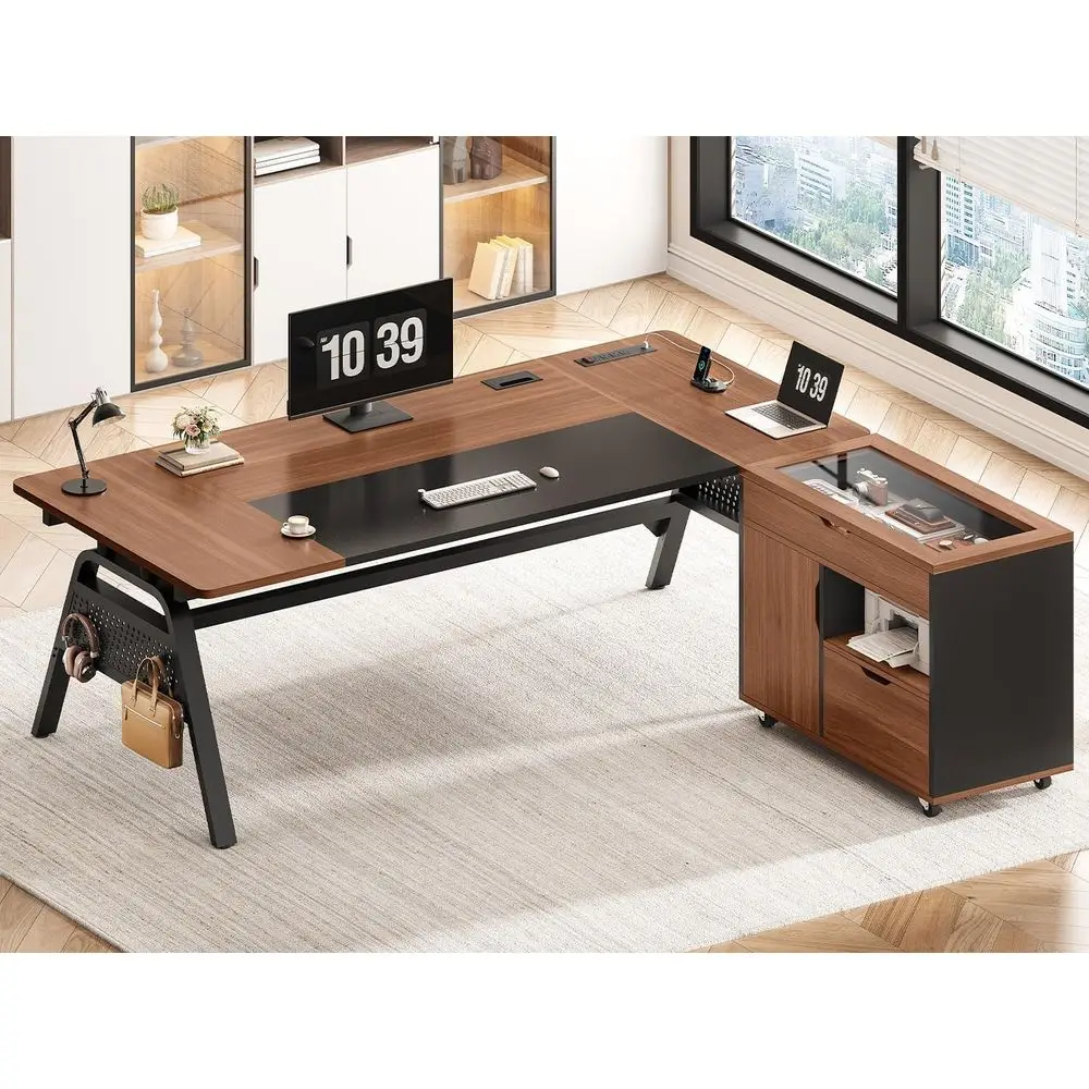 L-Shaped Computer Desk with Mobile Cabinet, Power Outlets, Storage, and Cable Management for Executive Home Office, Reversible L
L-Shaped Computer Desk with Mobile Cabinet, Power Outlets, Storage, and Cable Management for Executive Home Office, Reversible L