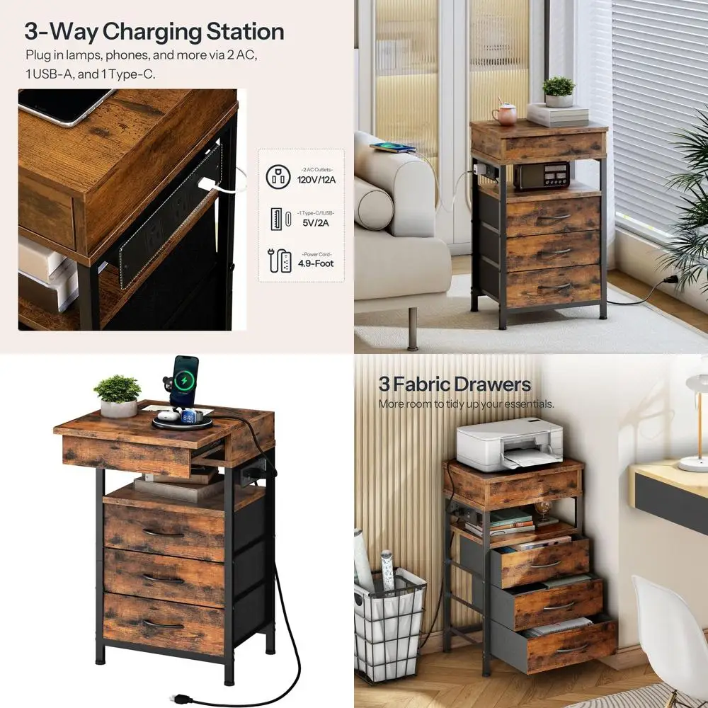 Rustic Brown Nightstand with Charging, Fabric Drawers, Lockable Storage, 2 AC & 2 USB Ports
Rustic Brown Nightstand with Charging, Fabric Drawers, Lockable Storage, 2 AC & 2 USB Ports