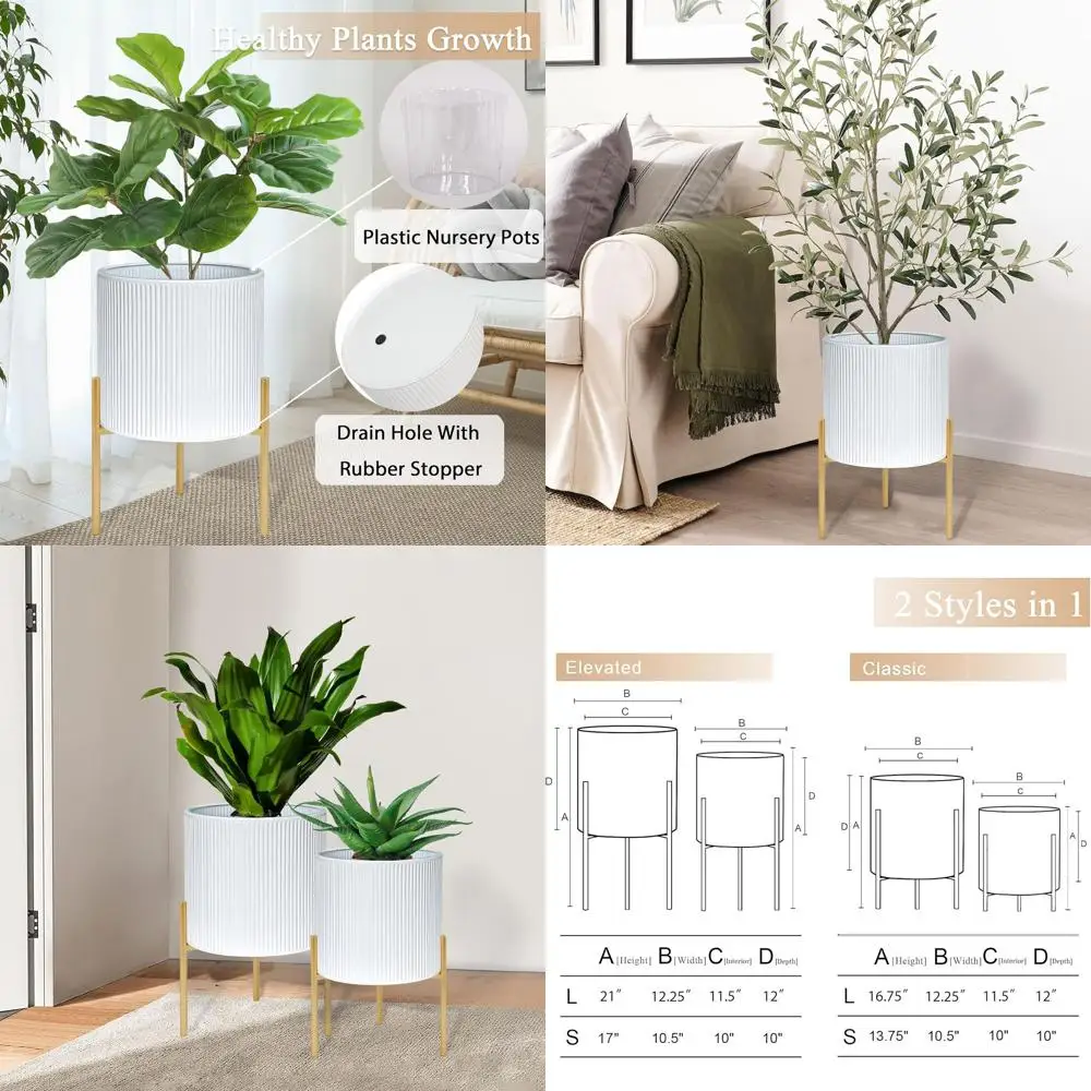 Pair of Large Round Metal Planters with Stand, 10.5 & 12.25, White & Gold, for Living Spaces and Outdoors
Pair of Large Round Metal Planters with Stand, 10.5 & 12.25, White & Gold, for Living Spaces and Outdoors
