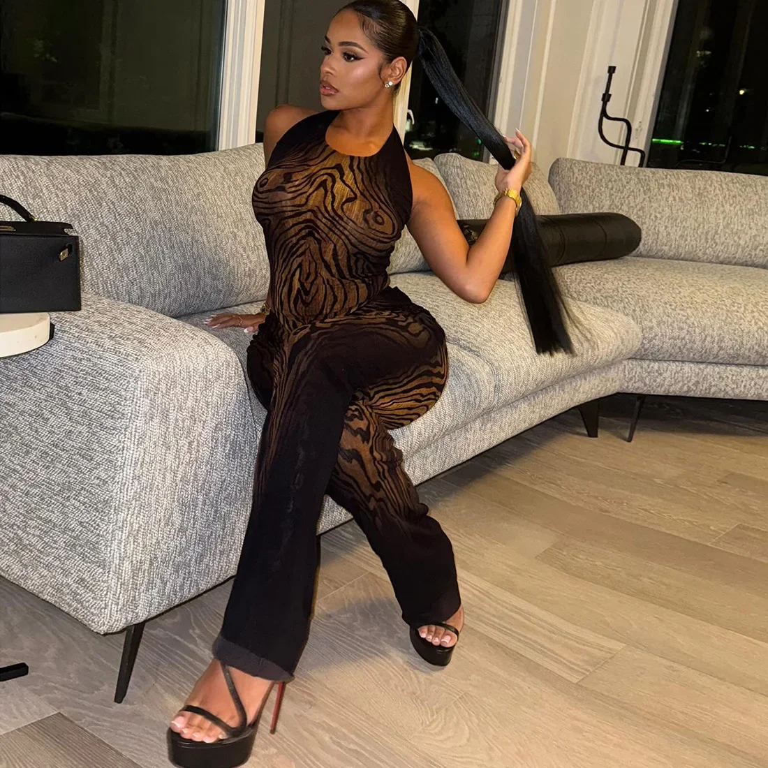 See Through Mesh Vintage Striped Print 2 Piece Set Women Sexy Lace Up Halter Backless Irregular Tank Tops + Flare Pants Suits
See Through Mesh Vintage Striped Print 2 Piece Set Women Sexy Lace Up Halter Backless Irregular Tank Tops + Flare Pants Suits