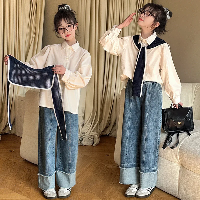 Korean Baby Girls Autumn Sets New Turn Down Collar T-shirt+Contrast Color Shawl+Patchwork Denim Pant Children Girls 3pcs Sets
Korean Baby Girls Autumn Sets New Turn Down Collar T-shirt+Contrast Color Shawl+Patchwork Denim Pant Children Girls 3pcs Sets