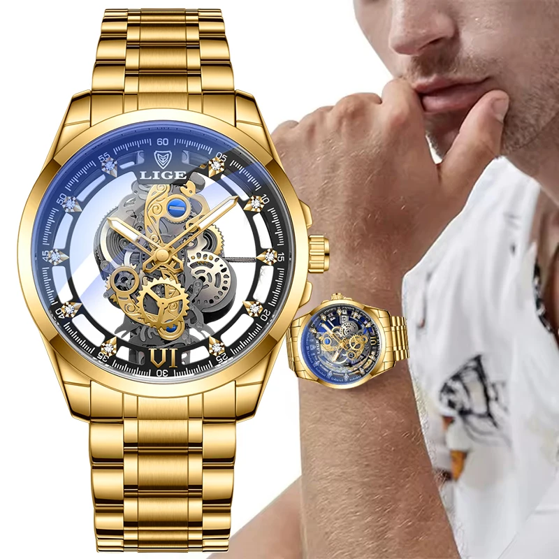 Оригинальные мужские часы LIGE, золотые кварцевые часы из нержавеющей стали с полым скелетом для мужчин, модные военные водонепроницаемые мужские наручные часы
Оригинальные мужские часы LIGE, золотые кварцевые часы из нержавеющей стали с полым скелетом для мужчин, модные военные водонепроницаемые мужские наручные часы
