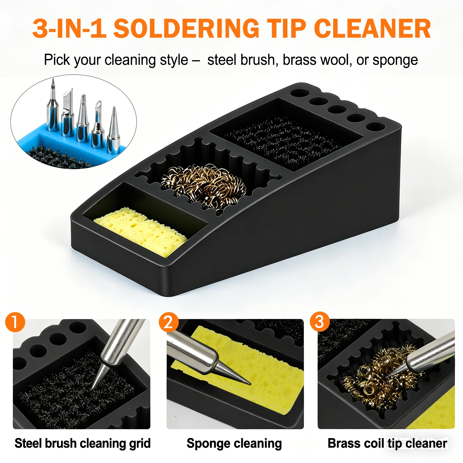 Soldering Iron Tip Cleaner with Brass Wool, Sponge & Steel Brush 3 Modes Silicone Holder Heat & Scratch Resistant Cleaning Tool
Soldering Iron Tip Cleaner with Brass Wool, Sponge & Steel Brush 3 Modes Silicone Holder Heat & Scratch Resistant Cleaning Tool