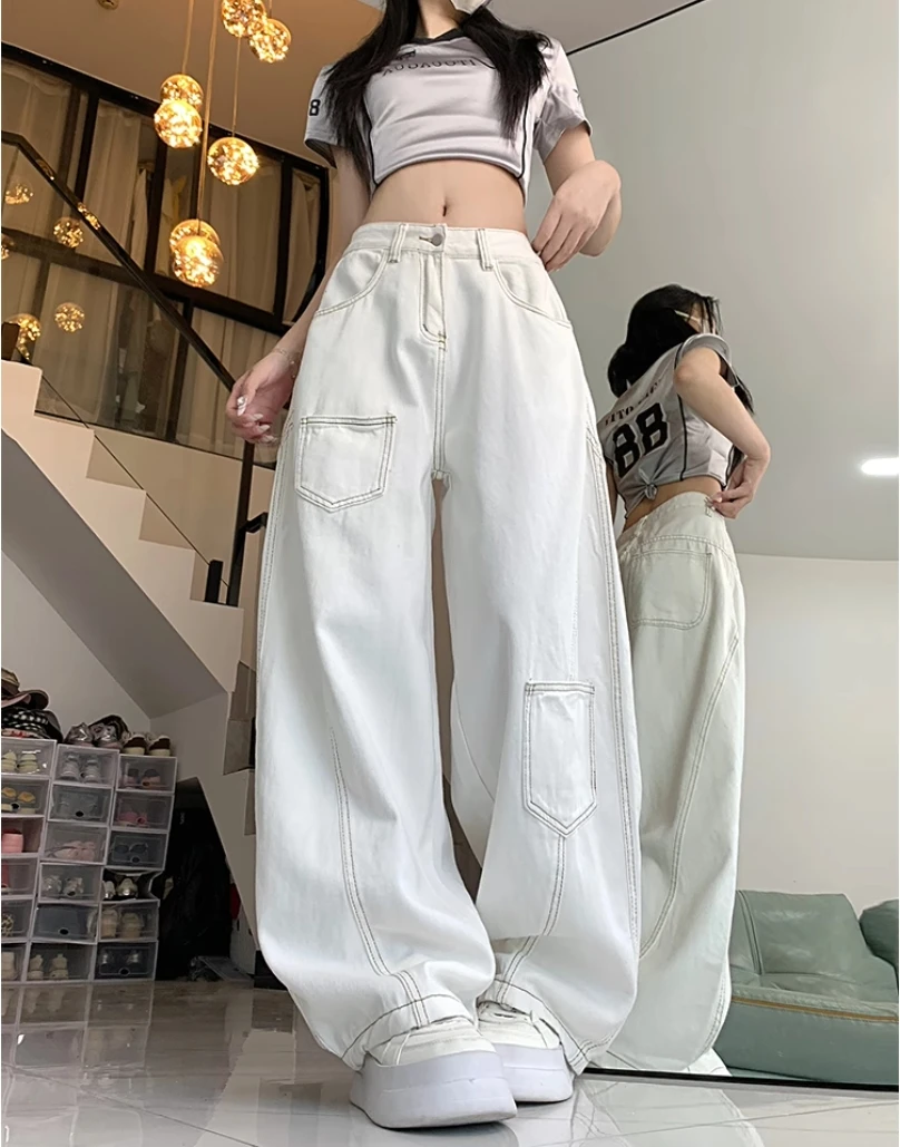 Women's White Patchwork Pockets Jeans American 90s Y2k Vintage High Waist Scimitar Jeans Summer High Street Loose Wide-Leg Pants
Women's White Patchwork Pockets Jeans American 90s Y2k Vintage High Waist Scimitar Jeans Summer High Street Loose Wide-Leg Pants