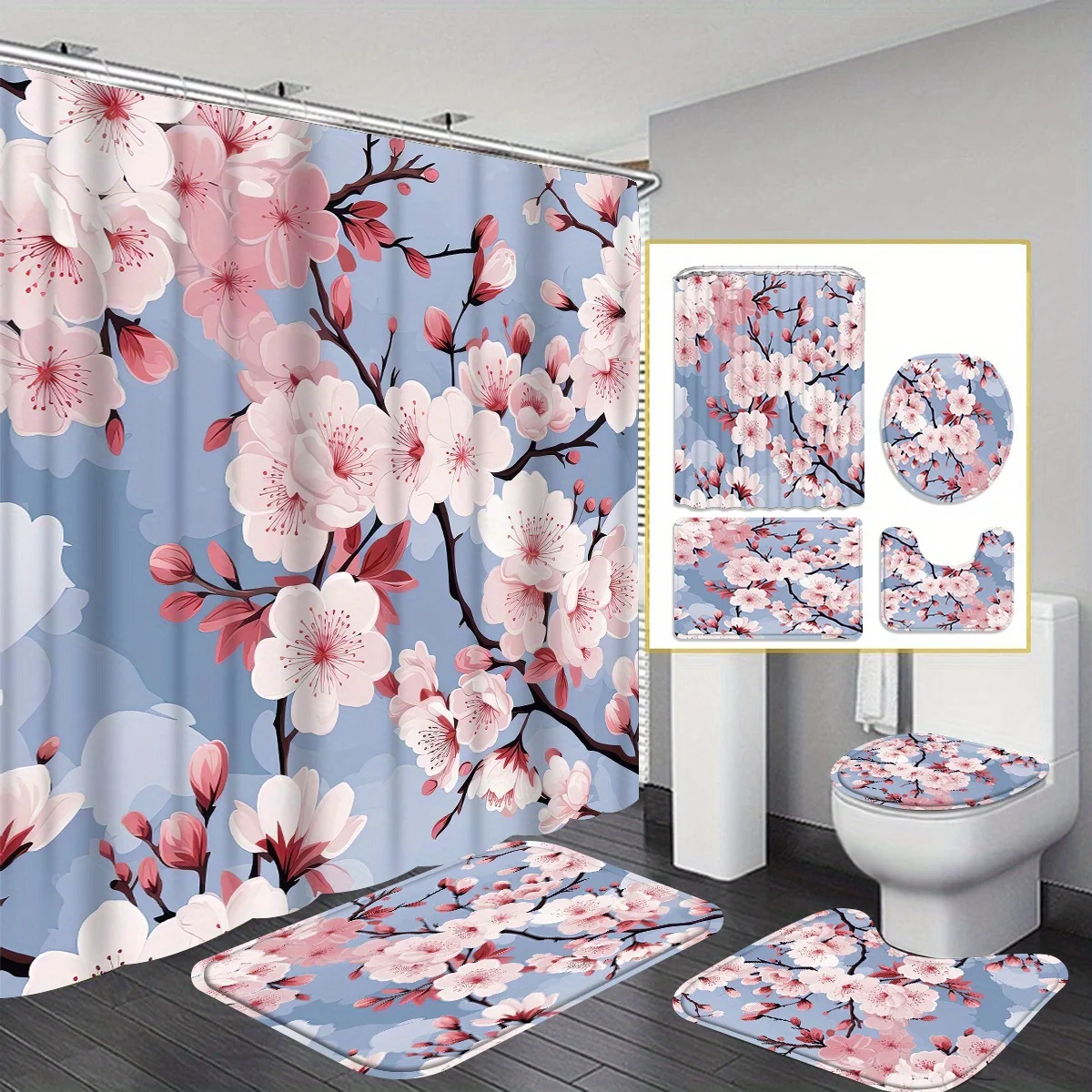 4pc Plum blossom patterned bathroom set, including shower curtain, floor mat, U-shaped mat, and toilet seat.
4pc Plum blossom patterned bathroom set, including shower curtain, floor mat, U-shaped mat, and toilet seat.