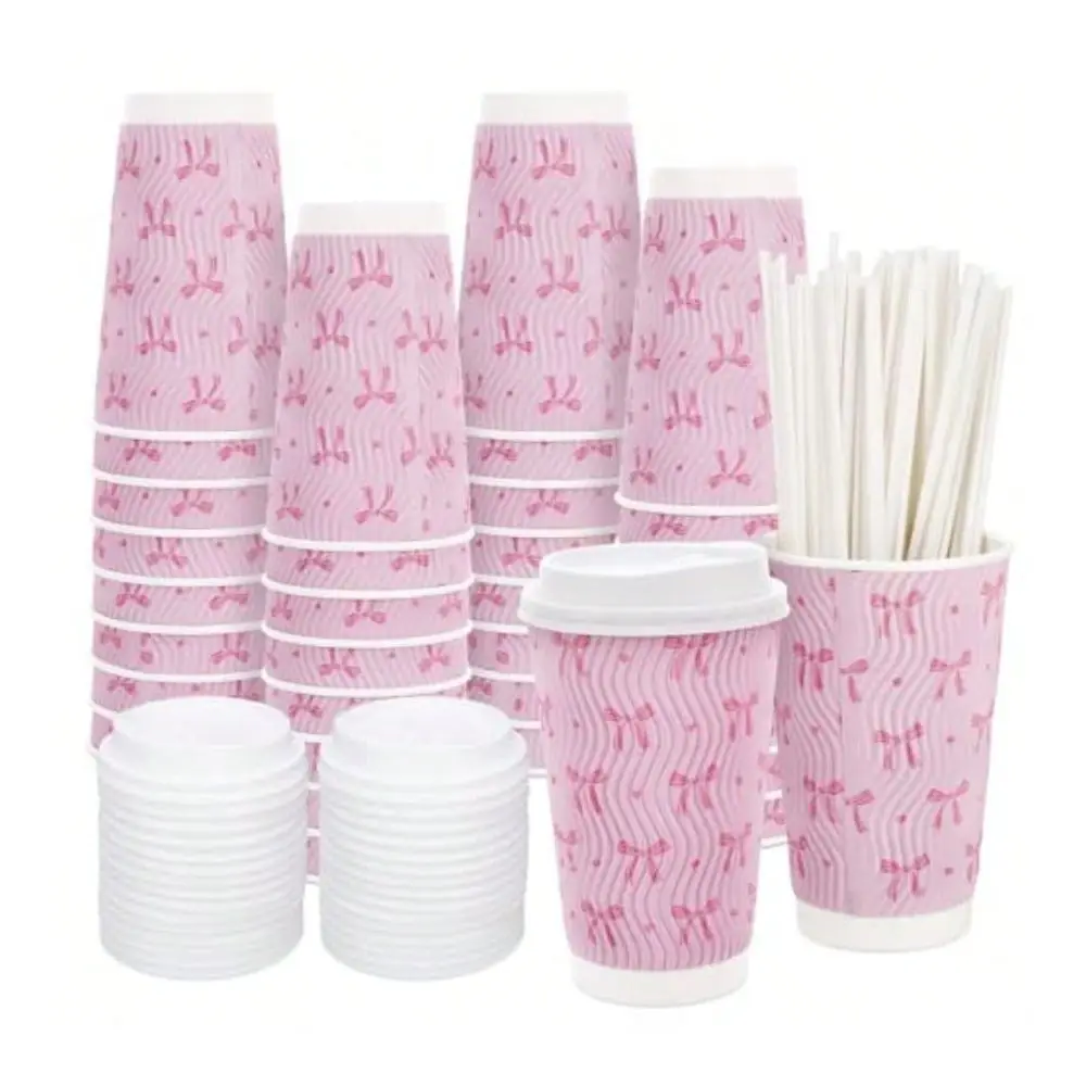 Set 16 Oz Pink Bow Disposable Coffee Cups With Lids And Straws Coquette Bowknot Corrugated Paper Drinking Cups For Hot Cold Dri
Set 16 Oz Pink Bow Disposable Coffee Cups With Lids And Straws Coquette Bowknot Corrugated Paper Drinking Cups For Hot Cold Dri
