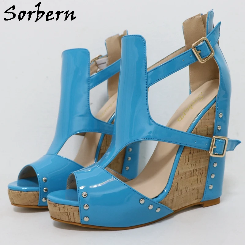 Sorbern Blue Shiny Women Sandals Unisex Rivets Cork Wedge High Heel Platform Back Zipper Buckles Strap Custom Large Size 42
Sorbern Blue Shiny Women Sandals Unisex Rivets Cork Wedge High Heel Platform Back Zipper Buckles Strap Custom Large Size 42