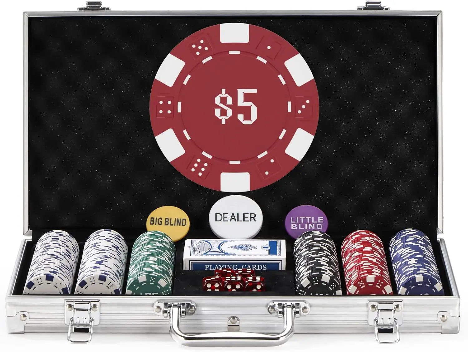 300Pcs Numbered Poker Chips Set with Aluminum Case, Cards, Dealer Buttons, Dice, 11.5g
300Pcs Numbered Poker Chips Set with Aluminum Case, Cards, Dealer Buttons, Dice, 11.5g