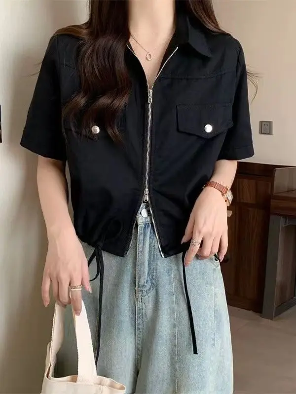 Новая летняя студенческая рабочая одежда ort Sve, женская тонкая дизайнерская одежда с воротником с двойной молнией, корейская одежда Sle Loos... 
Новая летняя студенческая рабочая одежда ort Sve, женская тонкая дизайнерская одежда с воротником с двойной молнией, корейская одежда Sle Loos...